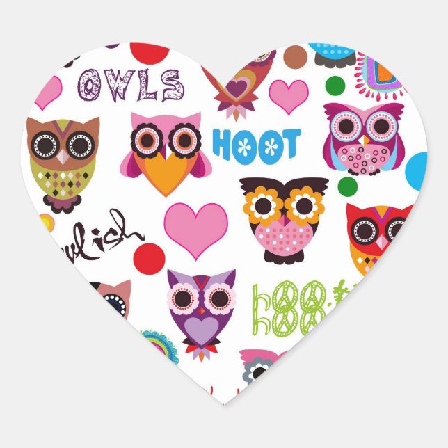 Retro Owls Heart Sticker (Front)