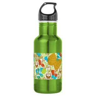 Retro Owls Leaves Fruit in Turquoise Green Brown 532 Ml Water Bottle