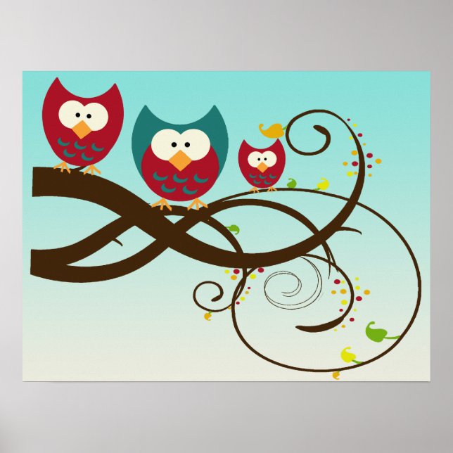 Retro Owls on Swirly Branch Poster (Front)