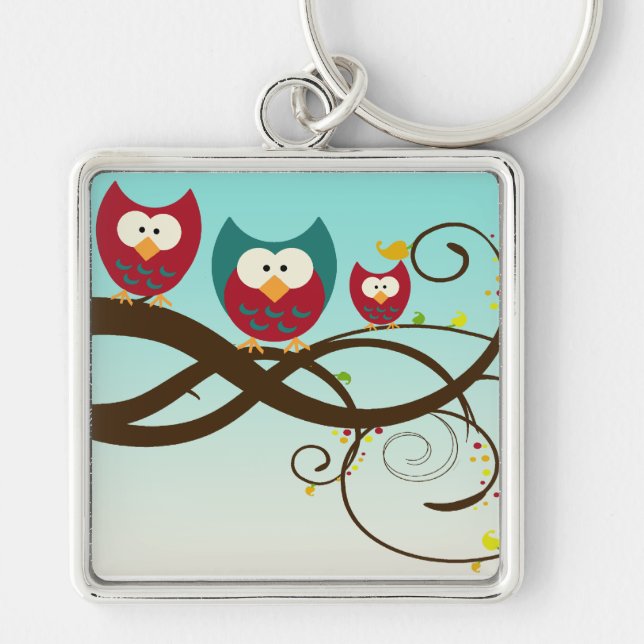 Retro Owls Swirly Branch Keychain (Front)