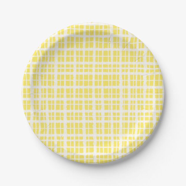 Retro Painted Gingham Plaid Pattern Light Yellow Paper Plate (Front)