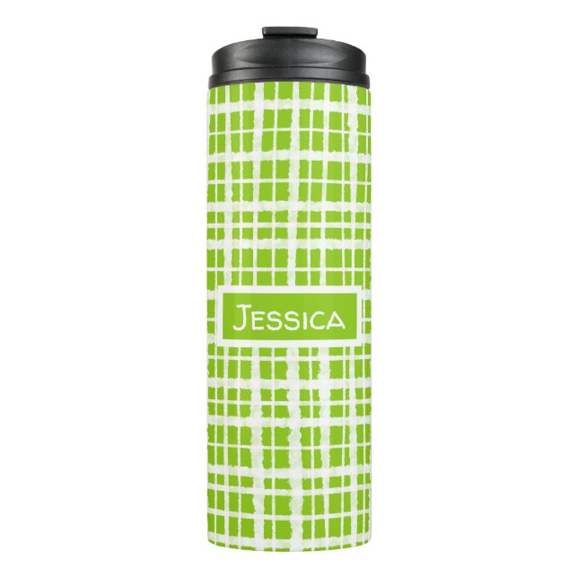 Retro Painted Gingham Plaid Pattern Lime Green Thermal Tumbler (Front)