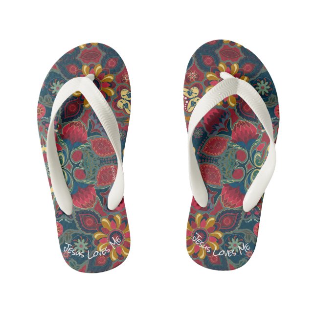 Retro Paisley Design Jesus Loves Me Kid's Flip Flops (Footbed)