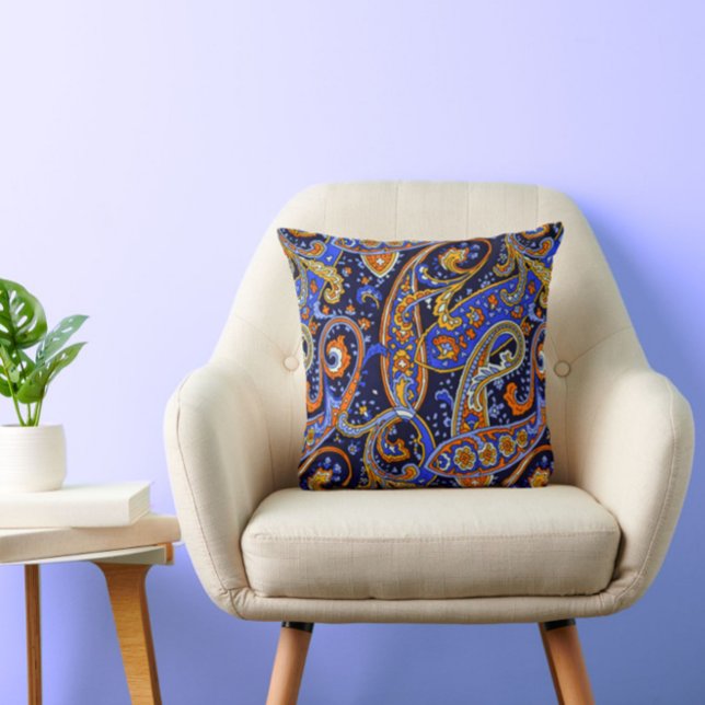 Retro Paisley Pattern Blue White Orange Colourful Throw Pillow (This blue + orange retro paisley pattern throw pillow will pep up your space!)