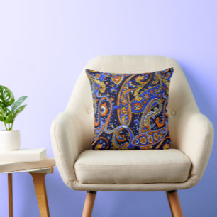 Retro Paisley Pattern Blue White Orange Colourful Throw Pillow