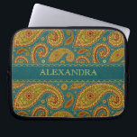 Retro Paisley Pattern Worm Tones-Monogram Laptop Sleeve<br><div class="desc">Worm tones retro paisley pattern on blue-green background. Customizable and optional monogram. Available on other products.</div>