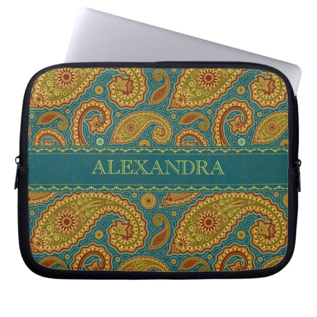 Retro Paisley Pattern Worm Tones-Monogram Laptop Sleeve (Front)