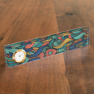 Retro Paisley Wave Desk Name Plate Clock