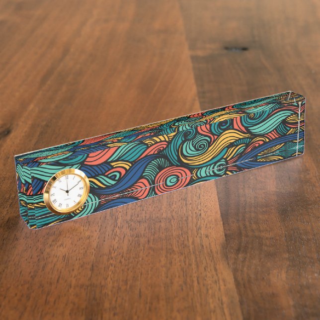 Retro Paisley Wave Desk Name Plate Clock (Side)