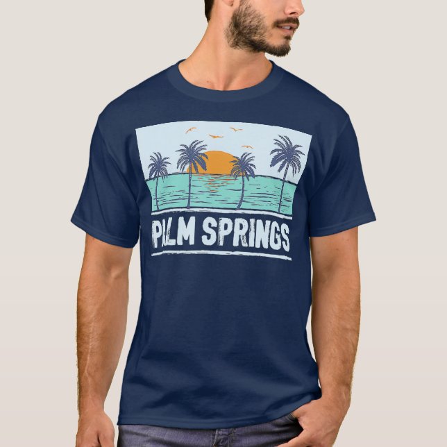 Retro Palm Springs California Tropical Sunset T-Shirt (Front)