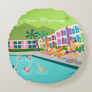 Retro Palm Springs Hotel Round Pillow