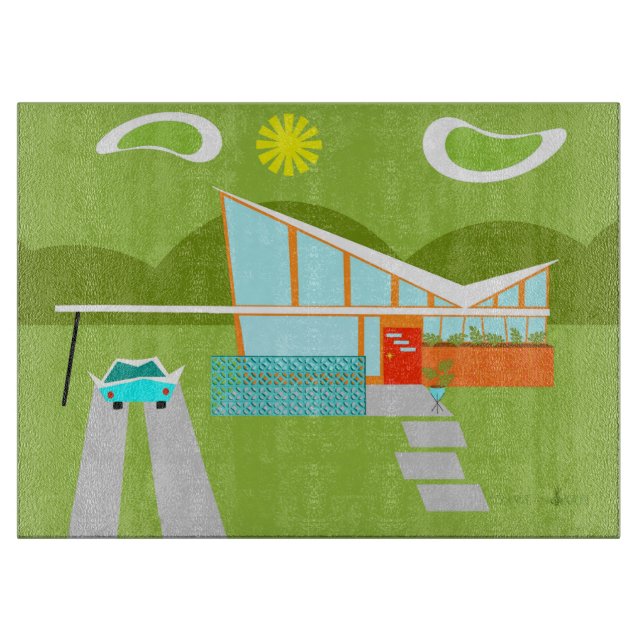 Retro Palm Springs House Glass Cutting Board (Front)