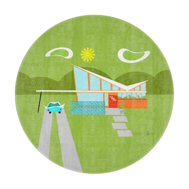 Retro Palm Springs House Glass Cutting Board (Front)