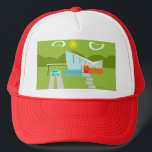 Retro Palm Springs House Trucker Hat<br><div class="desc">This Retro Palm Springs House with Car Trucker Hat is a mid century modern lover’s dream. The minimalist art design features a sleek orange and glass house with a dramatically sloping checkmark shape roof. The red door offsets the orange stone planter filled with greenery and the decorative turquoise cinderblock privacy...</div>