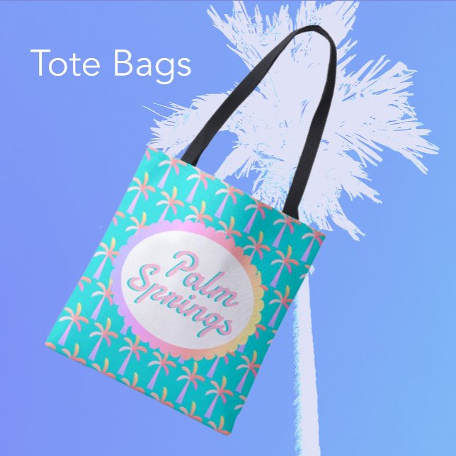 Retro Palm Springs Turquoise Blue Tropical Palms Tote Bag (Tote your sunscreen, water and phone to the pool!
Personalize it!)