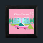 Retro Palm Springs Wooden Jewellery Keepsake Box<br><div class="desc">Between the pink background, turquoise mid century modern home, and the classic 1950s car, this design couldn’t be more Palm Springs if it said it in the clouds. Oh, wait, it does say it in the clouds! The blue and teal stone of the house is offset by the sputnik light...</div>