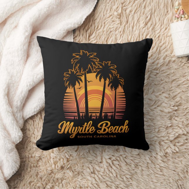 Retro Palm Tree Sunset South Carolina Myrtle Beach Throw Pillow (Blanket)