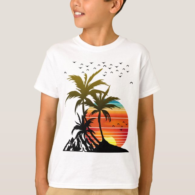 Retro Palm Trees Mountain Sunset T-Shirt (Front)