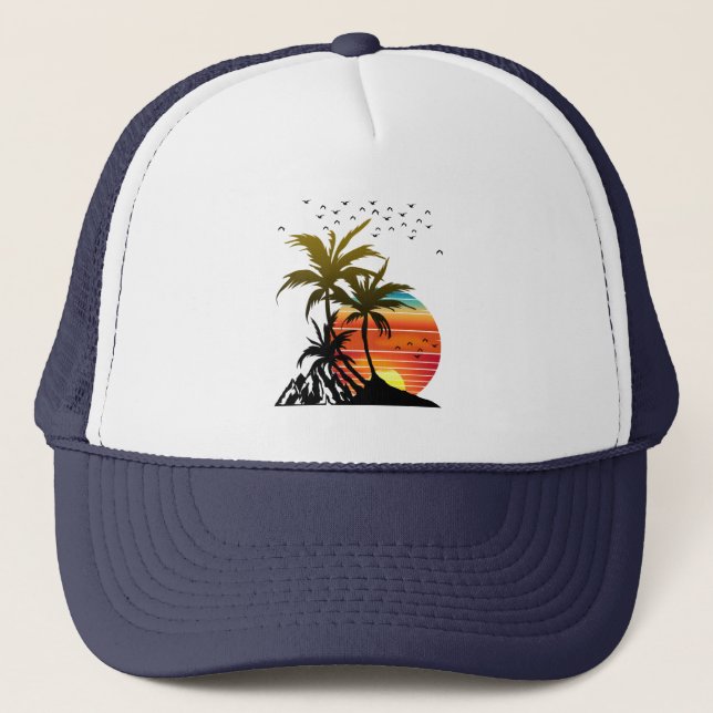 Retro Palm Trees Mountain Sunset  Trucker Hat (Front)