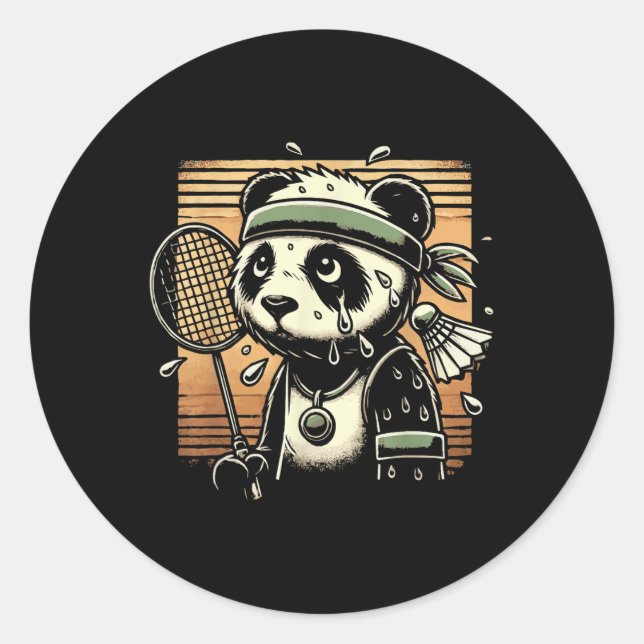 Retro Panda Badminton Player Racket Shuttle  Classic Round Sticker (Front)