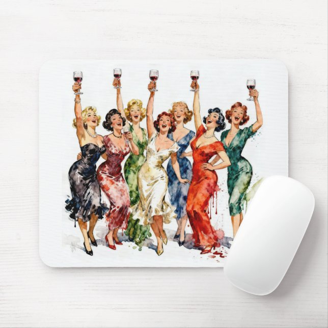 Retro Party Ladies with Red Wine Mouse Pad (With Mouse)