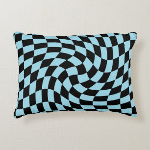 Retro Pastel Blue Black Warped Check Chequered  Accent Pillow