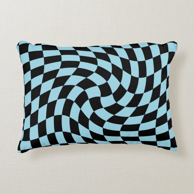 Retro Pastel Blue Black Warped Check Chequered  Accent Pillow (Front)