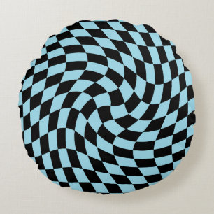 Retro Pastel Blue Black Warped Check Chequered  Round Pillow