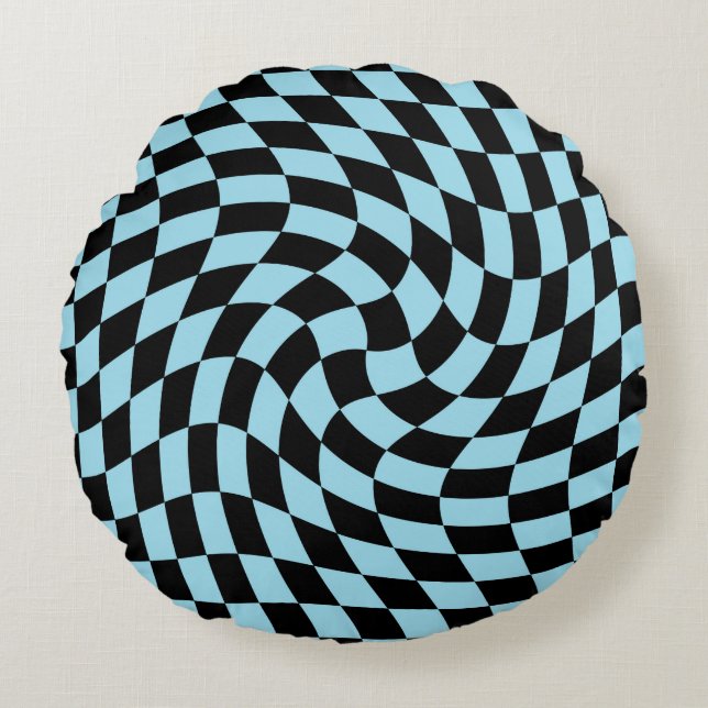 Retro Pastel Blue Black Warped Check Chequered  Round Pillow (Front)