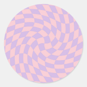 Retro Pastel Blue Pink Warped Checks Chequered   Classic Round Sticker