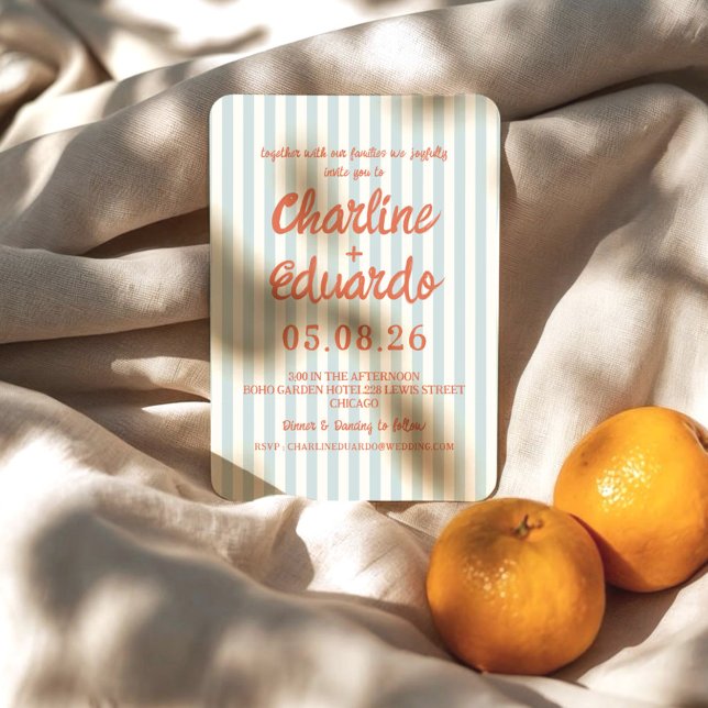 Retro Pastel Blue Striped Modern Vintage Wedding Invitation (Creator Uploaded)