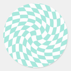 Retro Pastel Blue Warped Checks Chequered   Classic Round Sticker