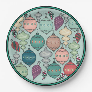 Retro Pastel Christmas Ornaments on Opal Blue Paper Plate