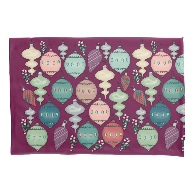 Retro Pastel Christmas Ornaments on Plum Pillowcase (Front)