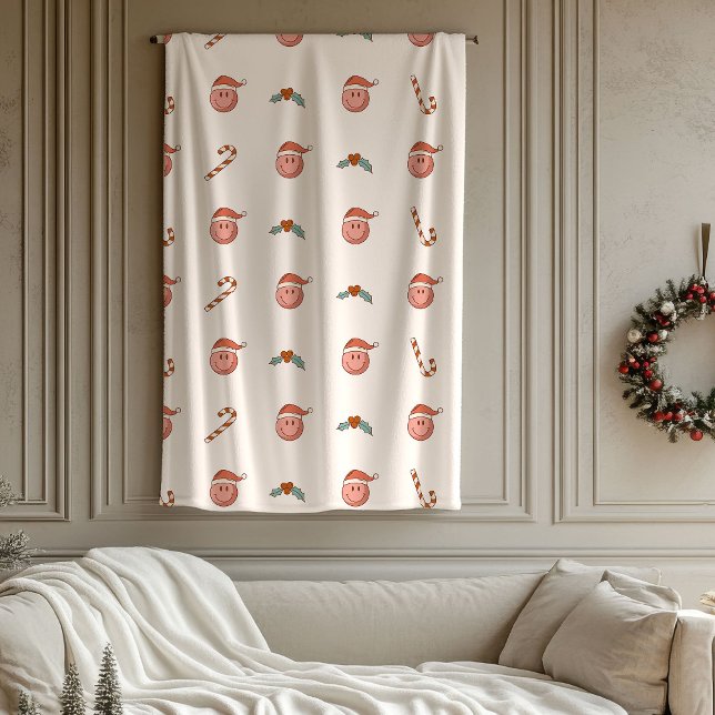 Retro Pastel Christmas Smile Emoticons Groovy 70th Fleece Blanket (Retro Pastel Christmas Smile Emoticons Groovy 70th Fleece Blanket)