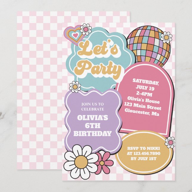 Retro pastel disco ball and daisy Birthday Invitation (Front/Back)