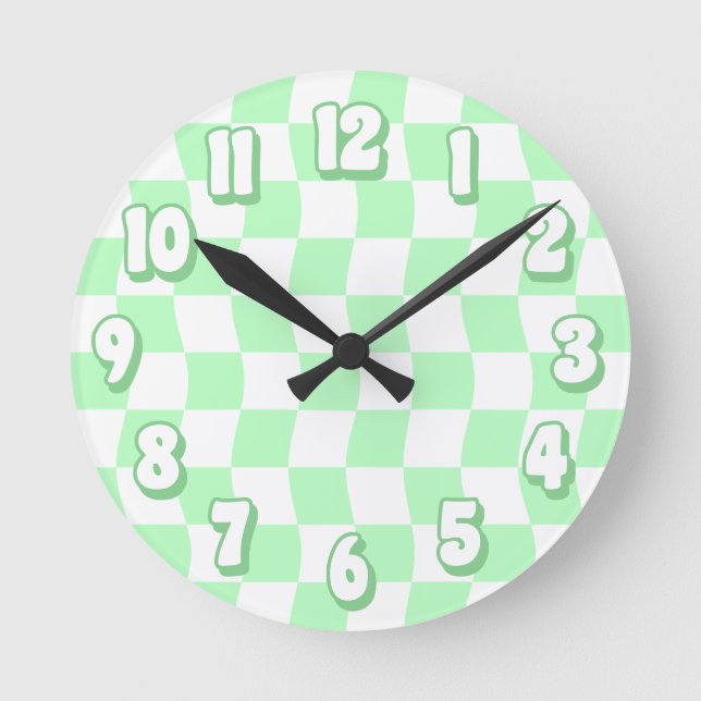Retro Pastel Green White Wavy Chequered Pattern Round Clock (Front)