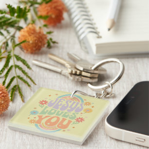 Retro Pastel “Jesus Loves You” Christian Design –  Keychain