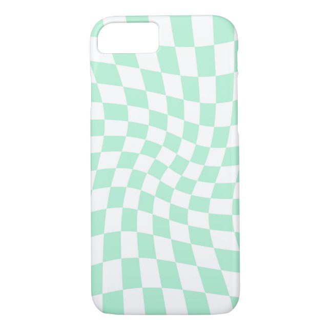 Retro Pastel Mint Green Checks Warped Chequerboard Case-Mate iPhone Case (Back)