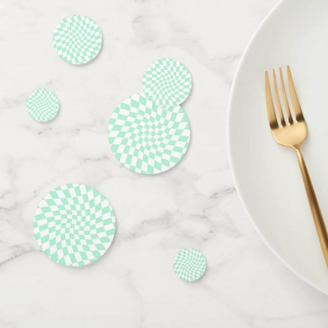 Retro Pastel Mint Green Checks Warped Chequerboard Confetti (Group)