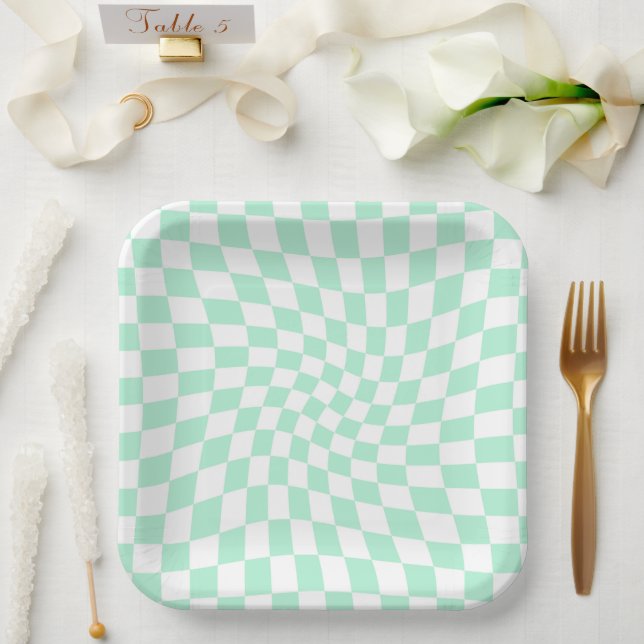Retro Pastel Mint Green Checks Warped Chequerboard Paper Plate (Wedding)