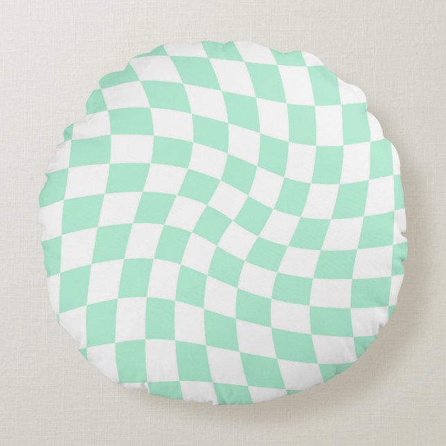 Retro Pastel Mint Green Checks Warped Chequered   Round Pillow (Front)