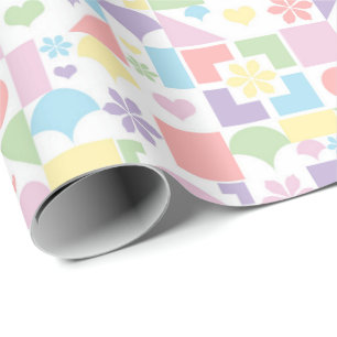 Retro Pastel Patchwork with 70s Shapes, Flowers Wrapping Paper