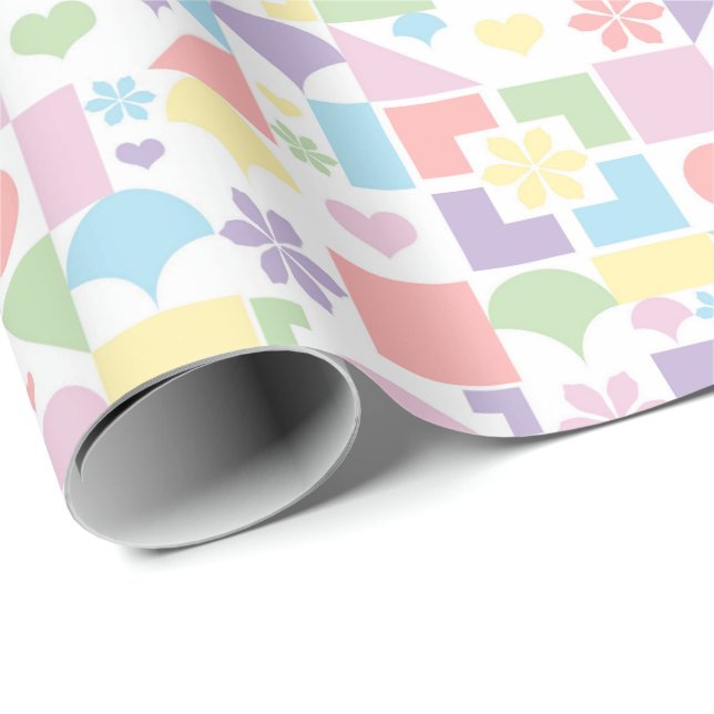 Retro Pastel Patchwork with 70s Shapes, Flowers  Wrapping Paper (Roll Corner)