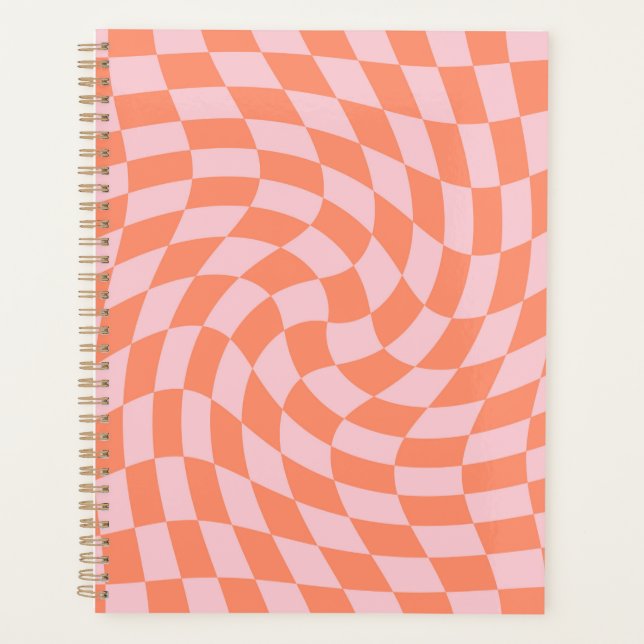 Retro Pastel Peach Checks Warped Chequerboard   Planner (Front)