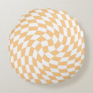 Retro Pastel Peach White Warped Check Chequered   Round Pillow