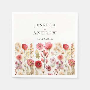 Retro Pastel Pink Bohemian Wildflower Wedding Napkin