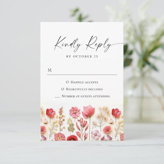 Retro Pastel Pink Boho Wild Flowers Wedding RSVP Card (Standing Front)