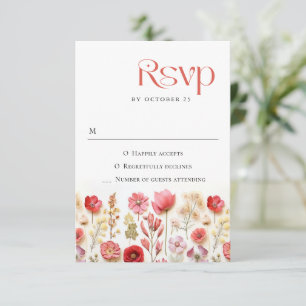 Retro Pastel Pink Boho Wild Flowers Wedding RSVP Card