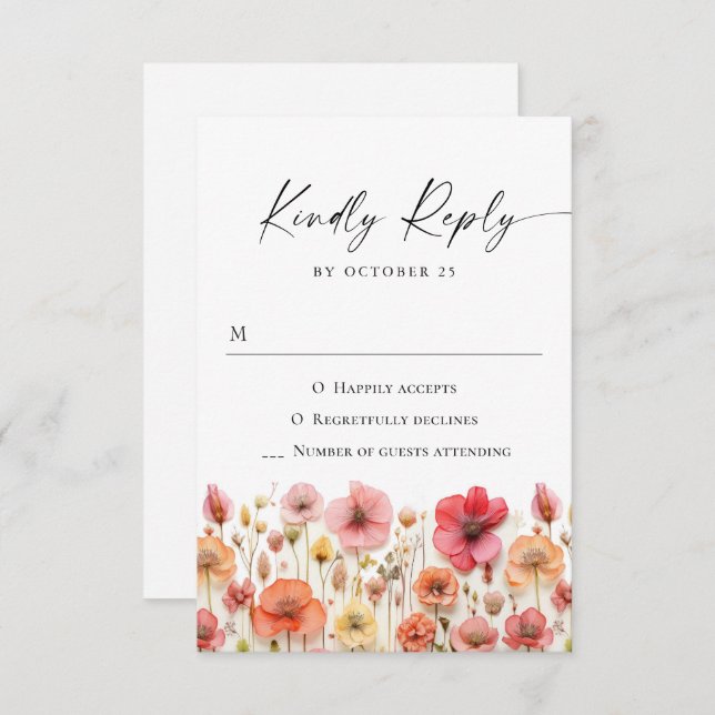 Retro Pastel Pink Boho Wild Flowers Wedding RSVP Card (Front/Back)
